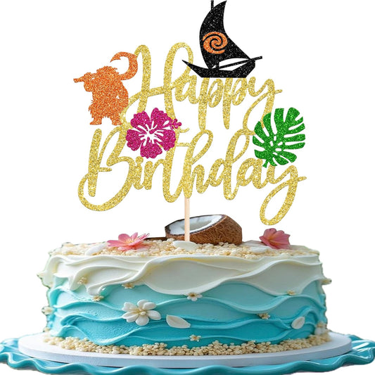 1 Pack Moana Cake Toppers Glitter Palm Leaf Moana Cake Picks The Sea is Calling Hawaiian Tropical Cupcake Decorations for Luau Summer Baby Shower Birthday Party Supplies Gold