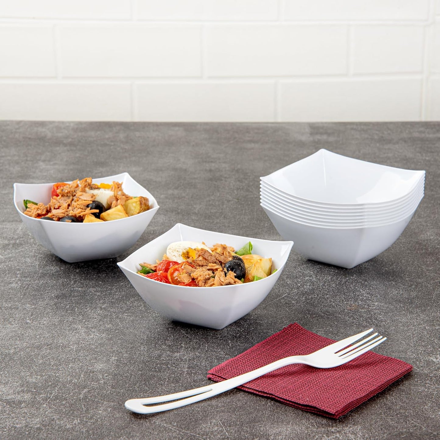 Restaurantware Moderna 8 Ounce Fancy Plastic Bowls 100 Square Disposable Salad Bowls - Durable Heavy-duty White Plastic Bowls For Warm And Cold Foods