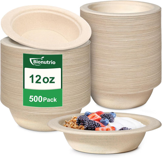 12 oz Paper Bowls Disposable, 500 Pack Heavy Duty Paper Bowls Bulk, Compostable Disposable Soup Bowls, Eco-Friendly Biodegradable Bowl Natural Brown, Microwavable Safe