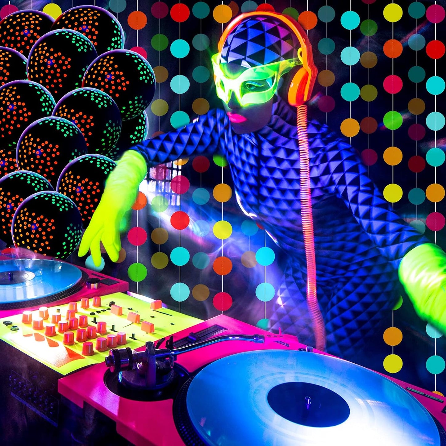 32 Pcs Glow in The Dark Party Supplies Halloween Neon Party Favors with 25 Fluorescent Balloon 6 Rolls 98.4 ft UV Blacklight Luminous Tape 14.4 ft Neon Streamer Garland for Adults(Funny Dot)