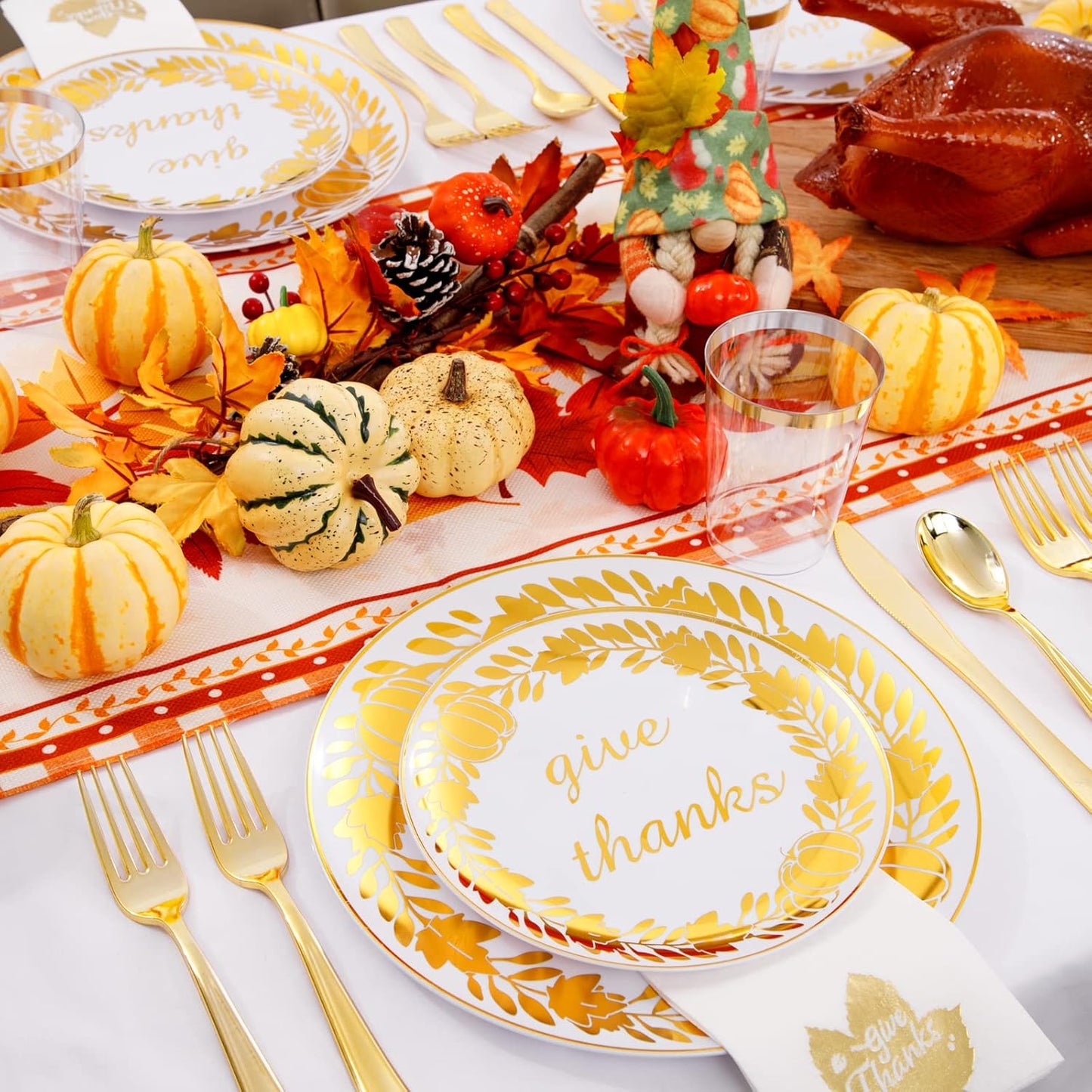 YOUBET 175PCS Thanksgiving Plastic Plates - Thanksgiving Gold Disposable Plates - Fall Plastic Plate Include 50 Plate, 25forks, 25Knives, 25Spoons, 25 Napkins, 25Cups for Fall Party