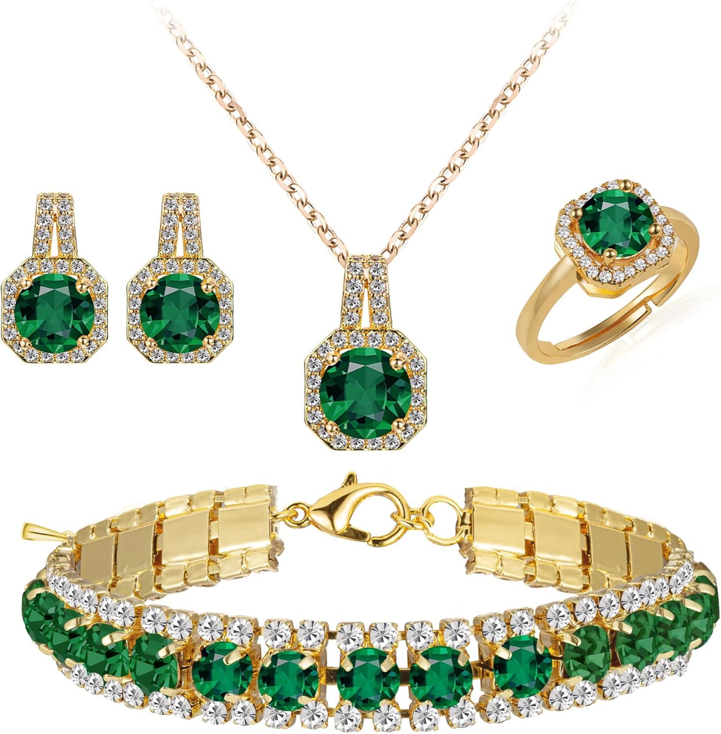 4pcs Cubic Zirconia Wedding Jewelry Sets for Bride Bridesmaid Cubic Zirconia Pendant Necklace Earrings Link Tennis Bracelet Open Ring Set for Women