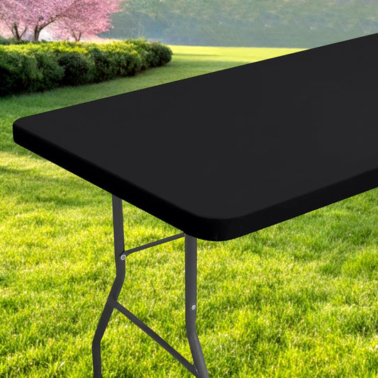 Rectangle Table Cloth, Waterproof Elastic Fitted Tablecloth for 8 Foot Folding Tables, Washable Polyester Tablecloths for Picnic, Camping, Outdoor (Black, 30"x96")