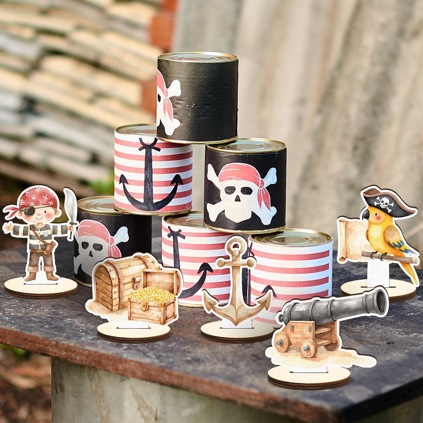 16 Pcs Wooden Pirate Party Table Centerpiece Halloween Pirate Ship Captain Hat Parrot Treasure Map Skull Tabletop Detachable Sign Display Decoration Baby Shower Birthday Table Toppers Photo Props