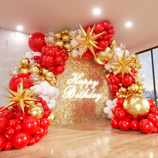 Red and Gold White Balloon Garland Arch Kit, 187Pcs Explosion Star Balloons Red White Metallic Gold Confetti Latex Balloon for Valentine's Day Wedding Birthday Engagements Anniversary Party Decoration