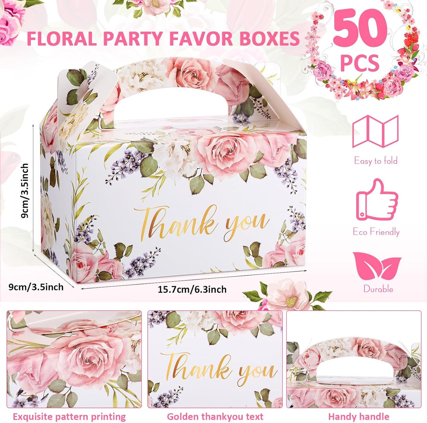 Xinnun 50 Pcs Thank You Treat Boxes Thanksgiving Floral Gift Box Wedding Party Favors Boxes Employee Appreciation Gifts Box Bulk for Thanksgiving Christmas Valentines Wedding Tea Party Supplies
