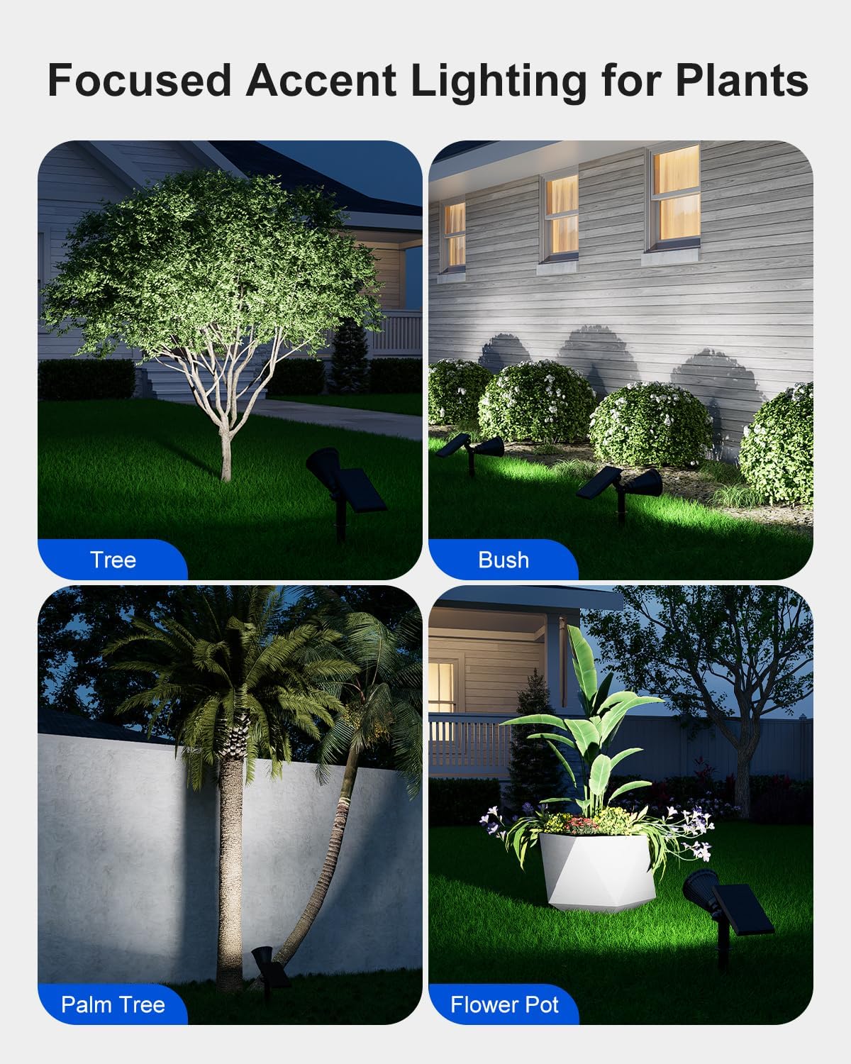 4 Pack Solar Spotlights Outdoor Waterproof for Tree, Statue, Flower, Pot, Bush, Wall, Bright LED Outside Landscape Flood Lights for Security Uplighting Yard, Garden, Driveway, Walkway, House, Fence