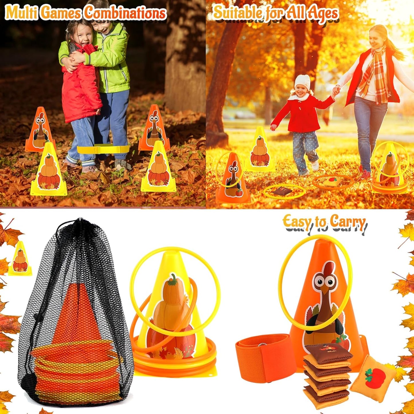 4 in 1 Fall Festival Thanksgiving Party Games with Ring Toss, Plastic Cones, Bean Bags, 3-Legged Race Bands, Thanksgiving Games for Family Boy Girl Adult Carnival Friendsgiving Outdoor Yard Activities