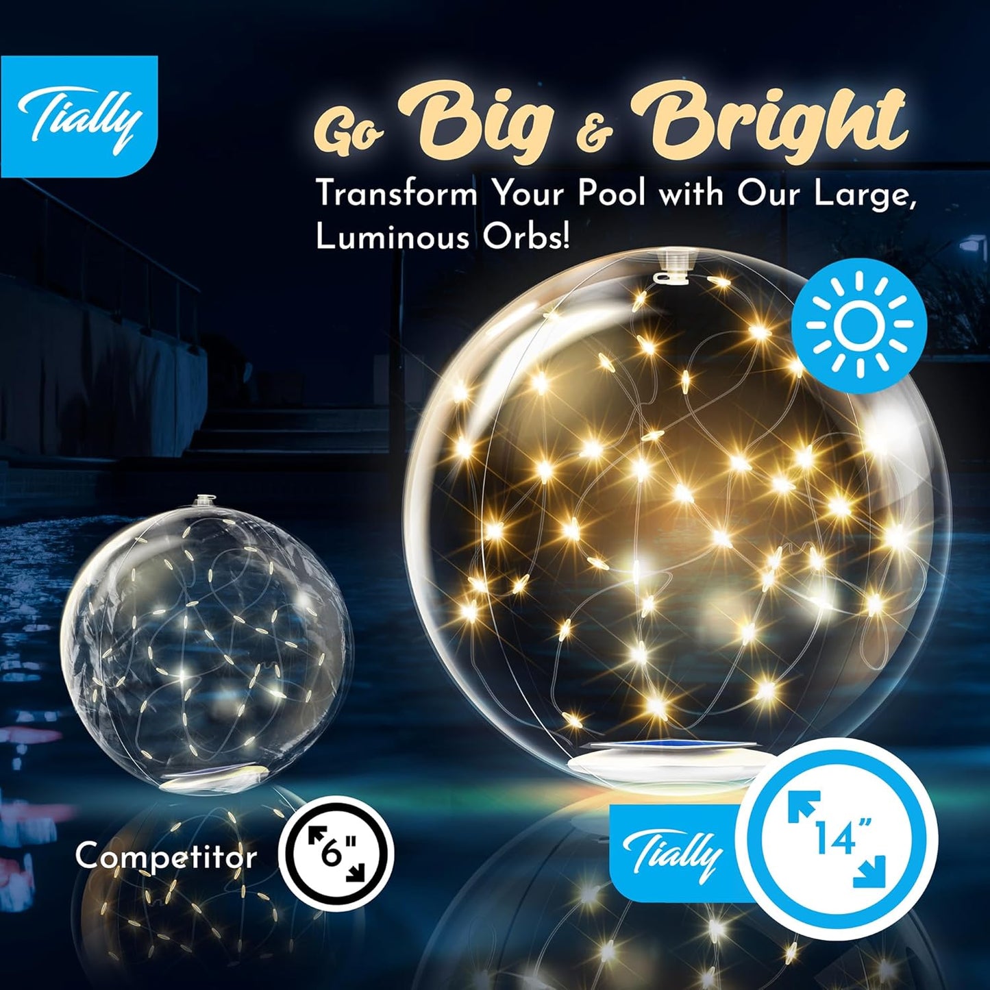 TIALLY Fairy Floating Pool Lights Solar Powered - 14" Inflatable Glow Balls for Pool, Solar Floating Lights for Pool, Floating Solar Pool Lights for Inground Pools, Pool Decorations Outdoor (4 Pack)