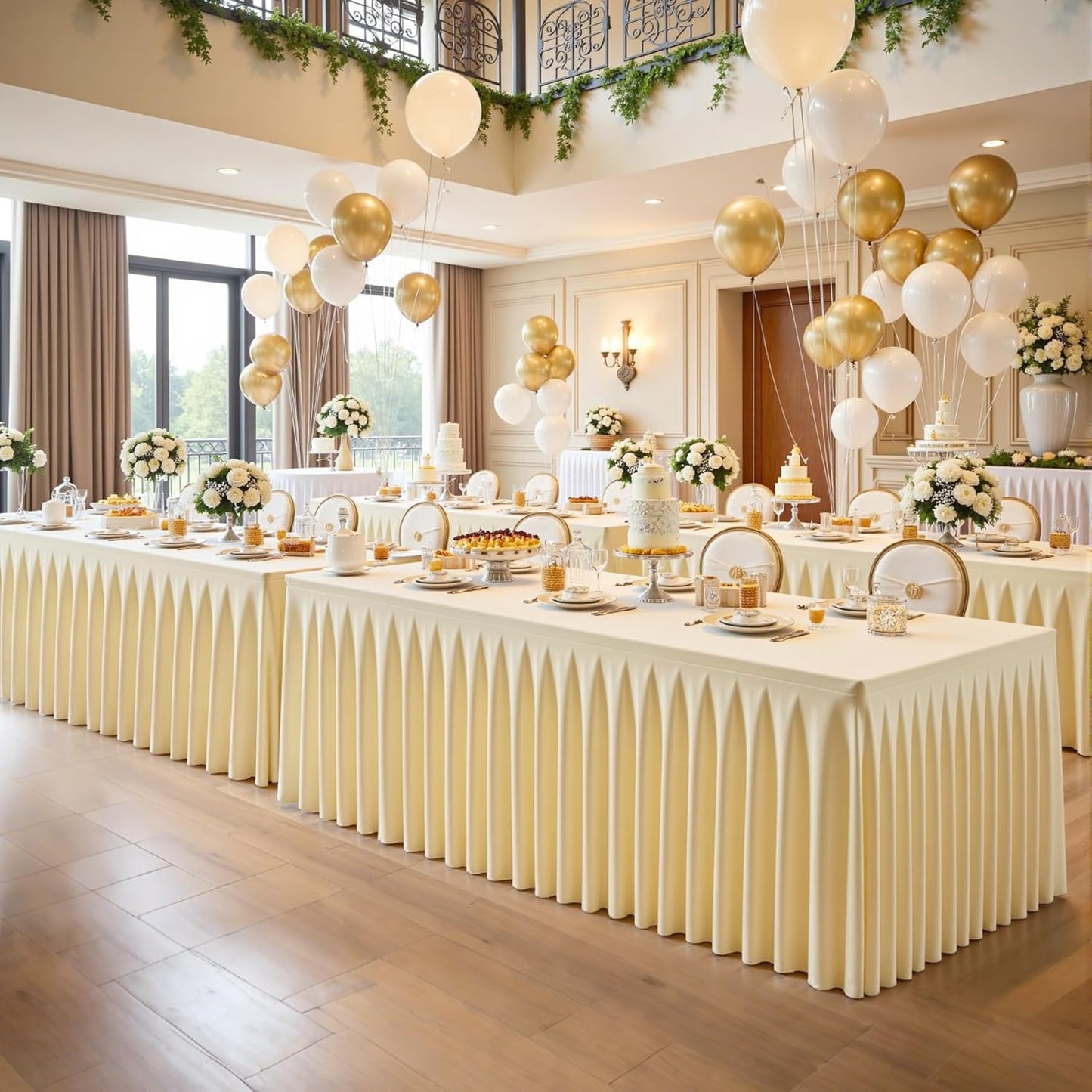 6 Pack Beige Rectangle Tablecloth 8 FT Stretch Spandex Fitted Table Cloth for 8 Foot Rectangle Tables Banquet Tablecloths Wrinkle Free Table Cover Skirt Ruffle Tablecloth for Party Wedding Birthday