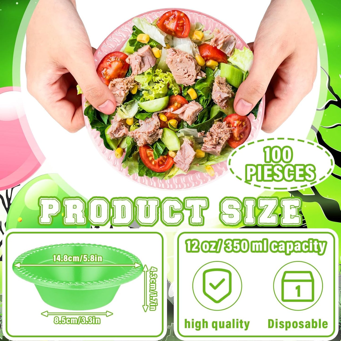 Layhit 100 Pcs Halloween Plastic Bowls 12 oz Disposable Salad Pink Green Plastic Serving Halloween Party Supplies Candy Snack Bowls for Party Picnic