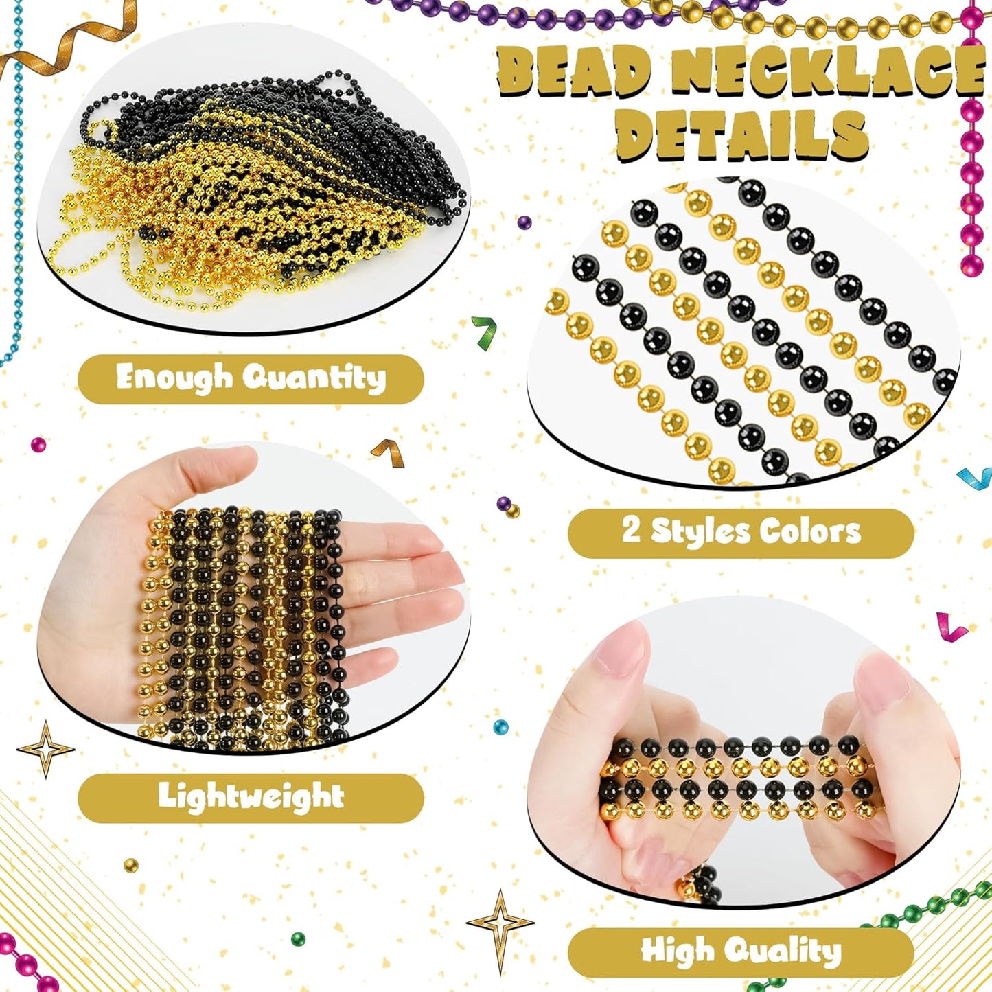 12 PCS Mardi Gras Beads Bulk, New Year Beaded Necklaces, 33" BlackGold Beads Graduation Beaded Stuff Set, Carnival Round Costume Necklace for New Years Eve Parade Throws Party Favors Decorations