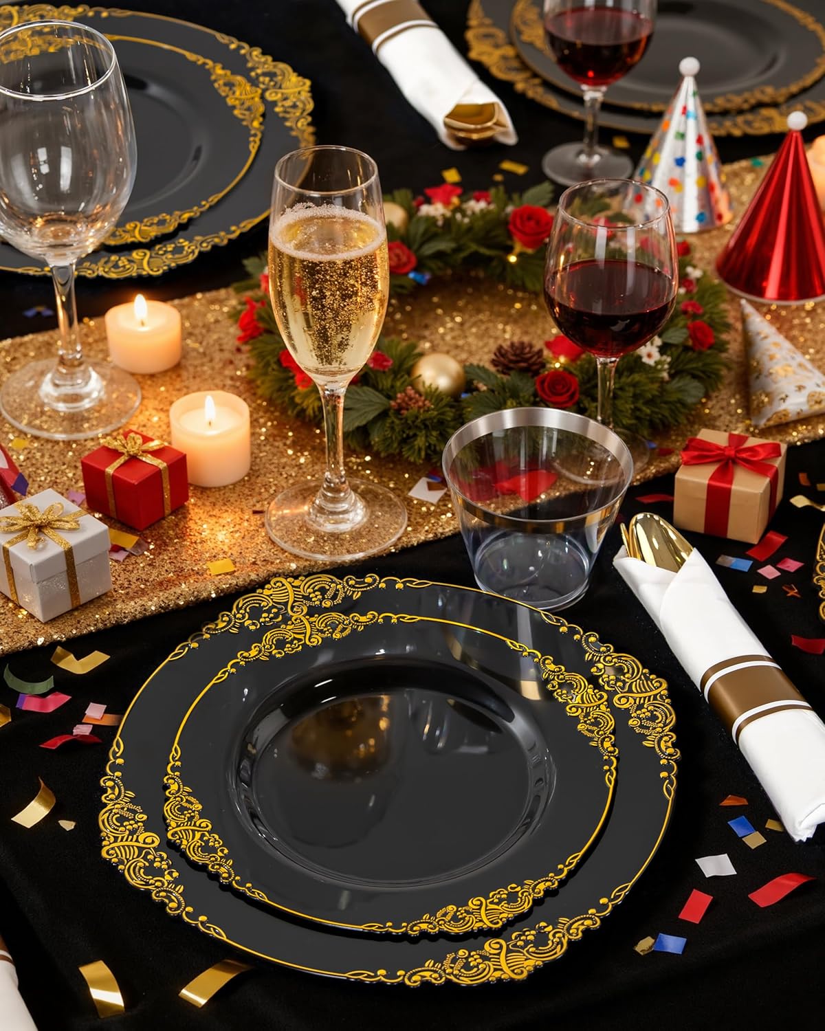 Nervure 350PCS Black Plastic Plates - Black Plastic Dinnerware Sets for 50 Guests - 100 Disposable Plates, 150 Gold Silverware, 50 Cups, 50 Napkins for Wedding & Party & Halloween