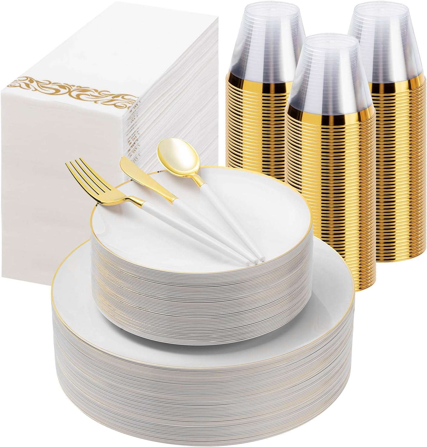 350 Pieces White Gold Plastic Dinnerware Set, Gold Disposable Plates for Party, Graduation, Include 100 White Plates with 150 Plastic Cutlery, 50 Napkins and 50 Cups