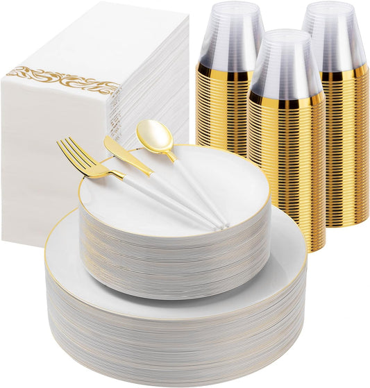350 Pieces White Gold Plastic Dinnerware Set, Gold Disposable Plates for Party, Graduation, Include 100 White Plates with 150 Plastic Cutlery, 50 Napkins and 50 Cups