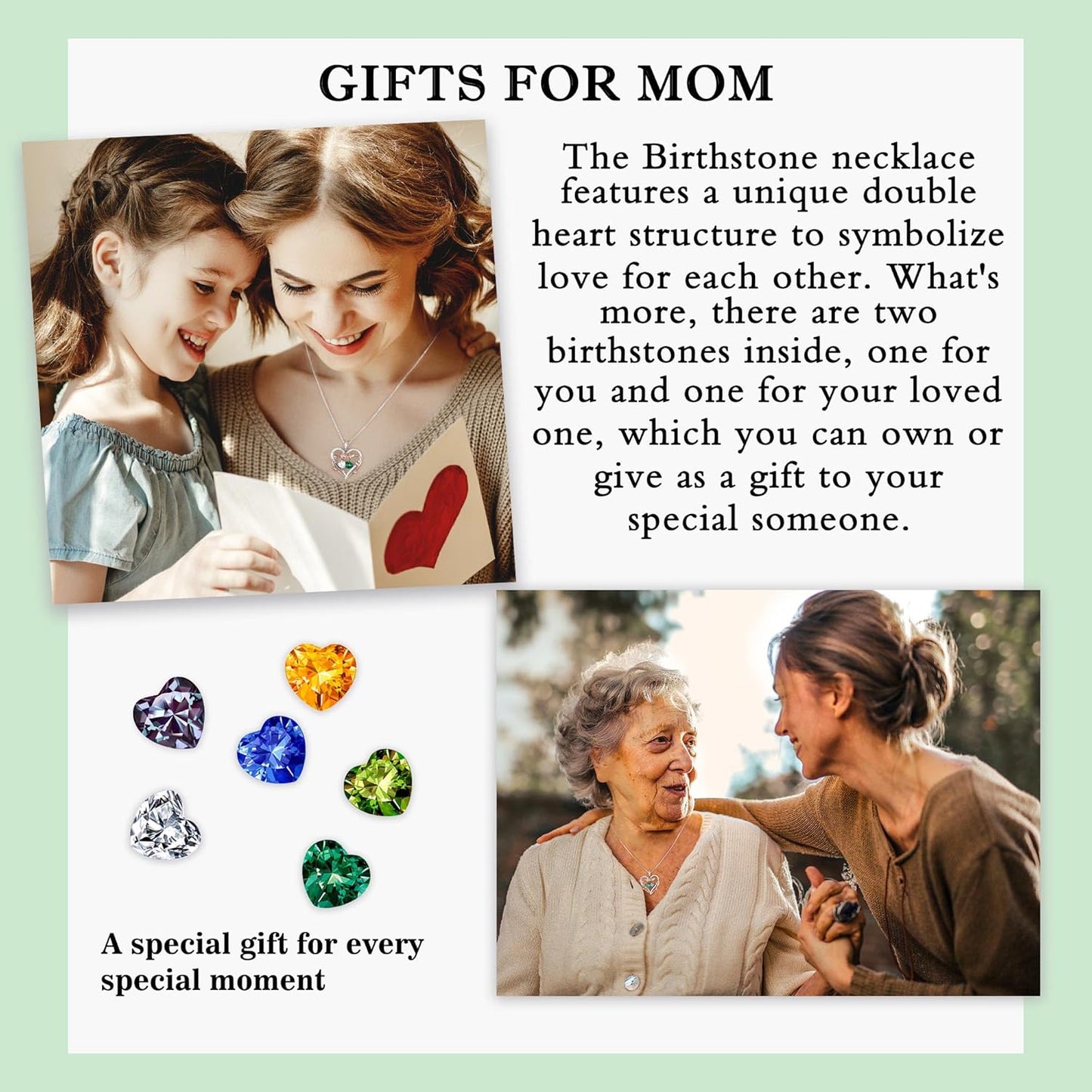 Iefil Rose Heart Double Birthstone Necklace Gifts for Wife Her Mom Women, Birthstone Jewelry Gemstone Birthday Gifts for Girlfriend Grandma Her Wife Women