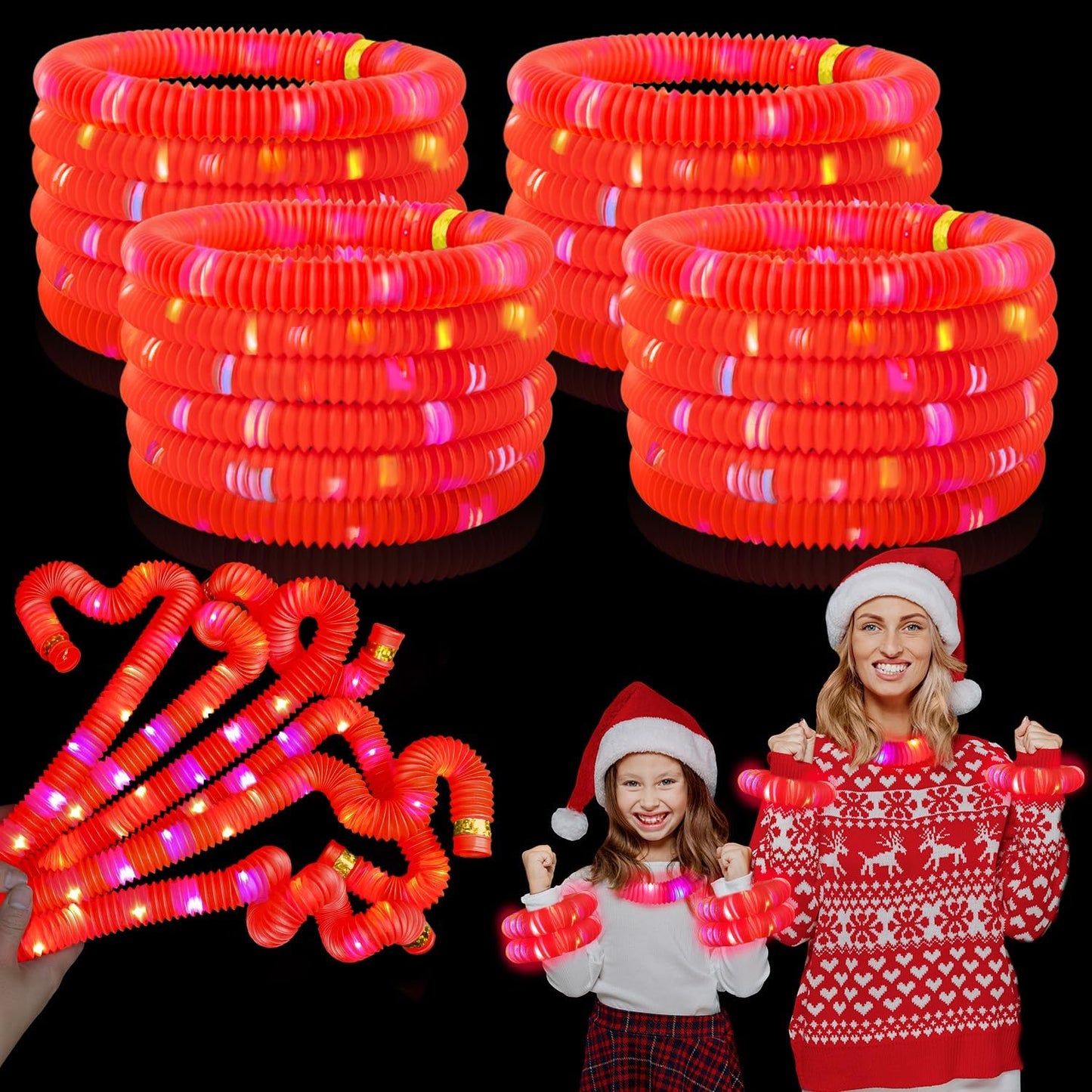 24 PCS Red Glow Sticks Party Favors for Kids, Christmas LED Light Up Necklaces Bracelets Accessories for Toddlers, Glow New Year Eve Party Supplies Birthday Dance Camping Decorations for Boys Girls