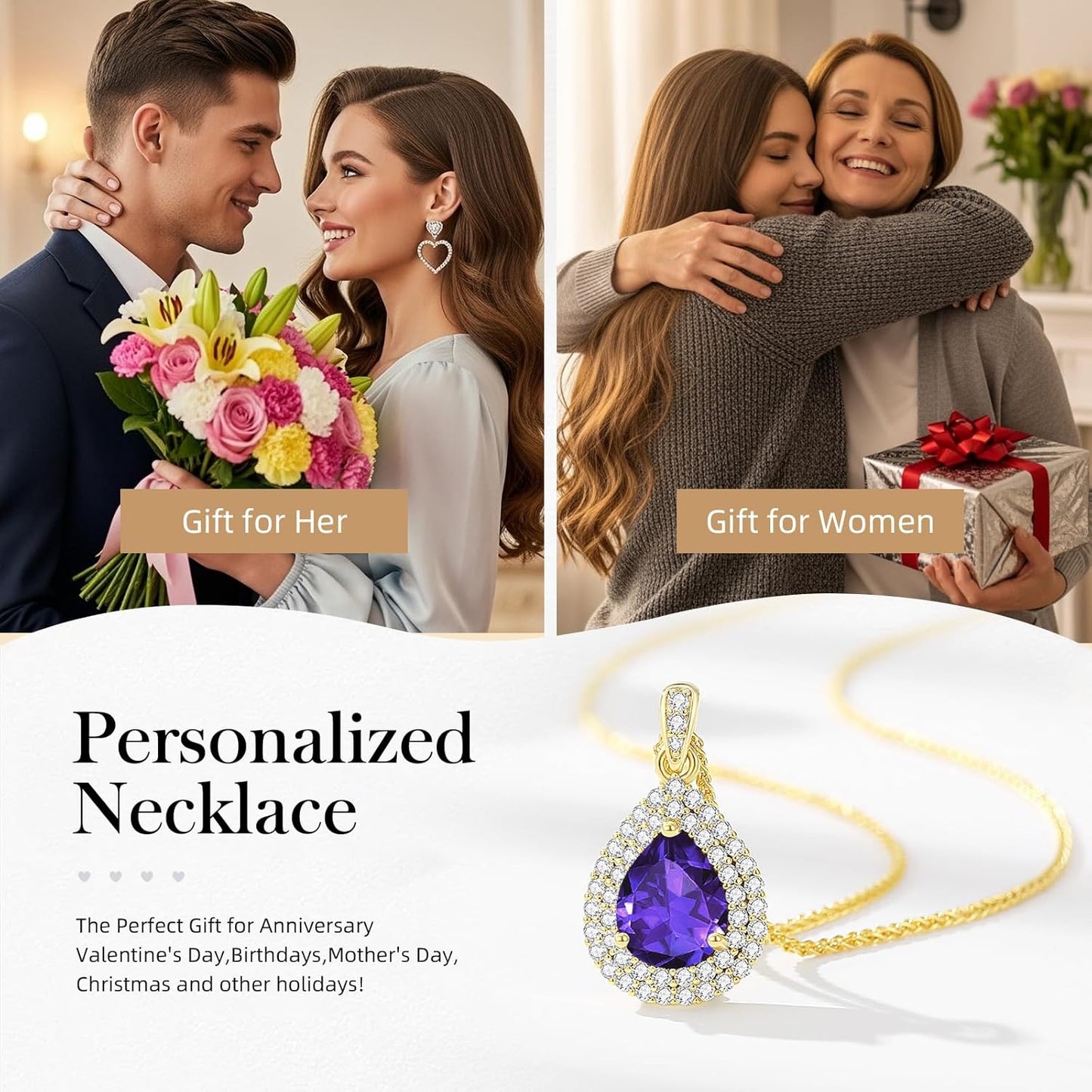 Gold Necklace for Women-Teardrop Birthstone Pendant-18K Gold Plated Chain with Light-Up Gift Box, Jewelry for Women,Anniversary Birthday Gifts for Her Wife Girlfriend Mom,Womens Jewelry