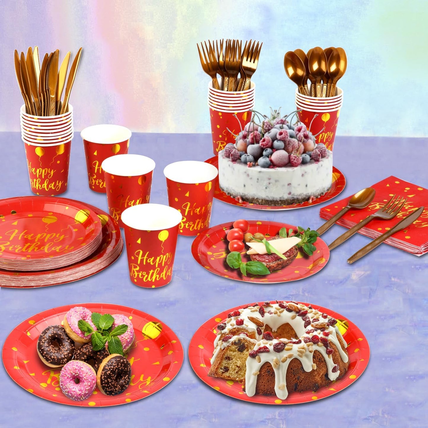 175 Pieces Gold Disposable Party Dinnerware Set &Disposable Birthday Party Dinnerware -Red Paper Plates Napkins Cups, Gold Plastic Forks Knives Spoons