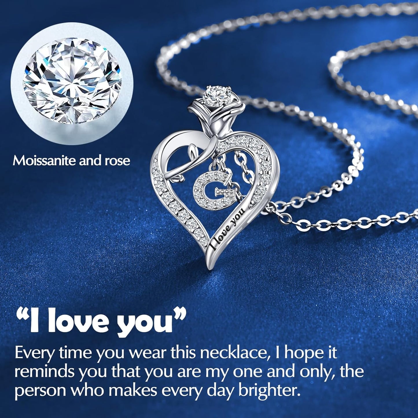 Rose Heart Pendant Necklace Gifts for Wife, Engraved 'I love you' Gift for Wife Girlfriend, Anniversary Birthday Eternity Jewelry Present for Women, Moissanite Necklace Gift for Her