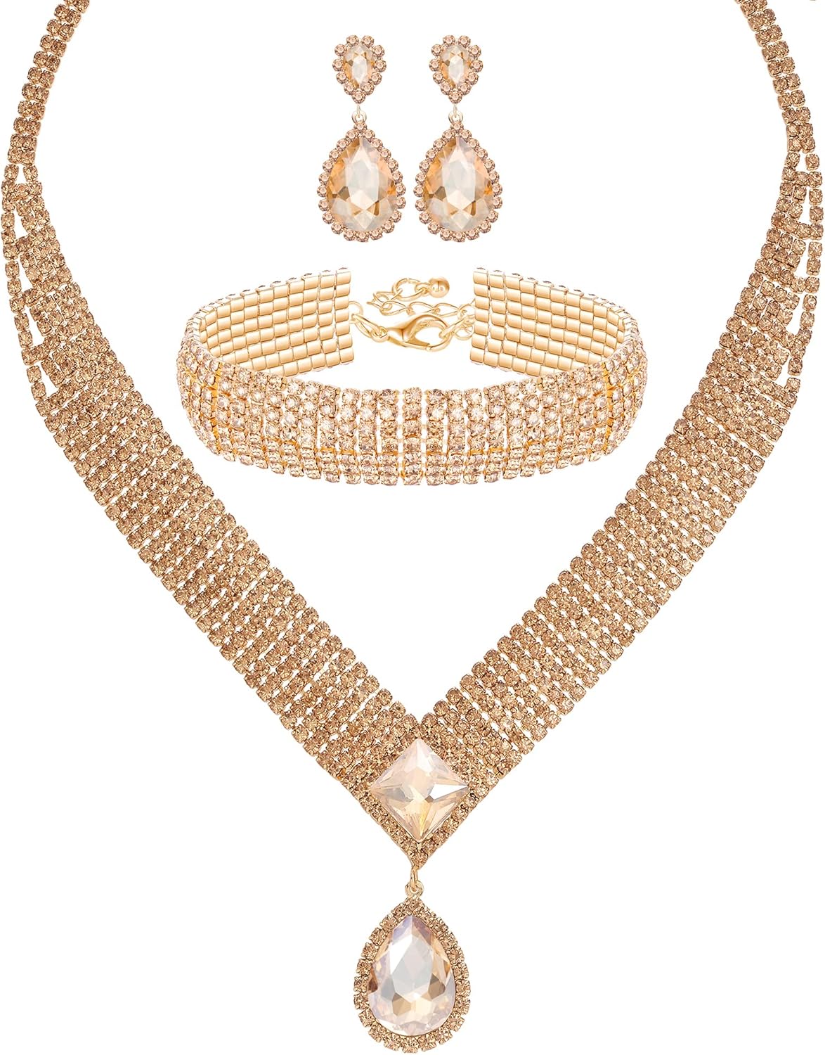 3/4 Pieces Women Jewelry Set Rhinestone Tiara Crown Necklace Bangle Bracelet Artificial Crystal Teardrop Dangle Earrings and Artificial Rhinestone Handbag for Wedding Party