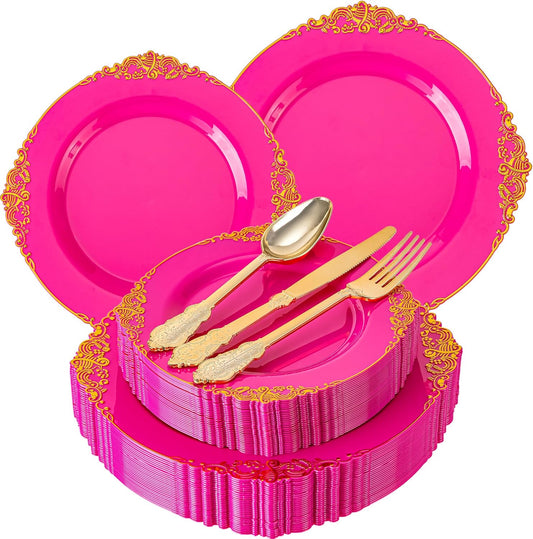 125PCS Hot Pink Plastic Plates - Pink Disposable Plate - Elegant Party Plates with Gold Plastic Silverware Sets for 25 Guests for Party & Birthday & Baby Shower