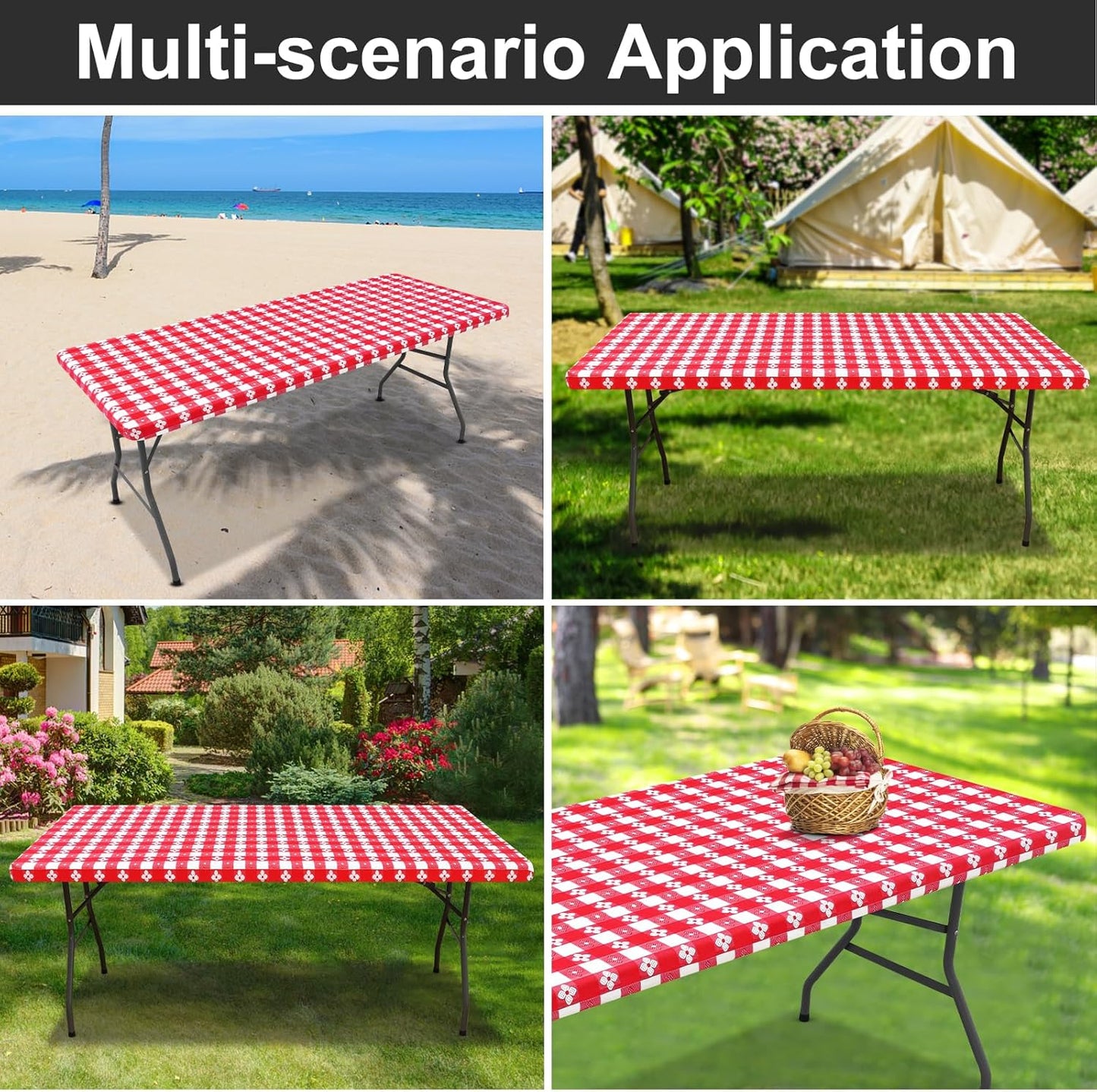 Rectangle Vinyl Table Cloth, Waterproof Elastic Fitted Tablecloth with Flannel Backing, Plastic Table Cover for Picnic, Camping, Outdoor (Red & White, 30"x48")