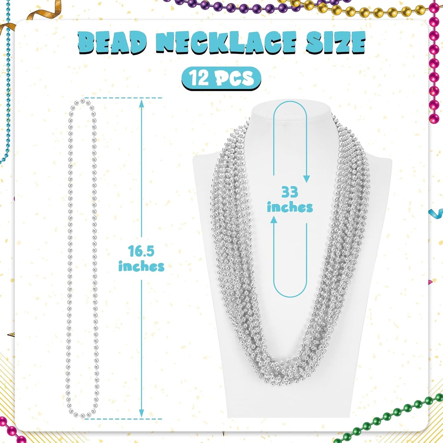 12 PCS Silver Mardi Gras Beads, 33" Christmas Beads Necklaces, Festival Parade Throws Accessory Sets, Bulk Carnival Round Costume for Independence Day Party Favors Christmas Decorations