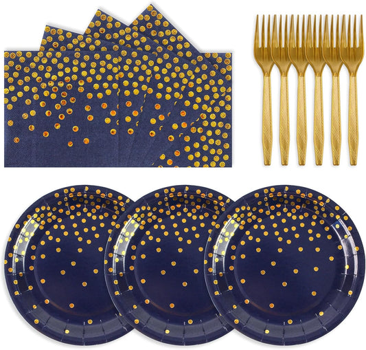 75PCS Paper Plates and Napkins Set - Dark Blue and Gold Dot Disposable Party Dinnerware Includes Paper Plates, Napkins, Forks Decorations for Birthdays, Graduations, Weddings and Holidays, Serves 25
