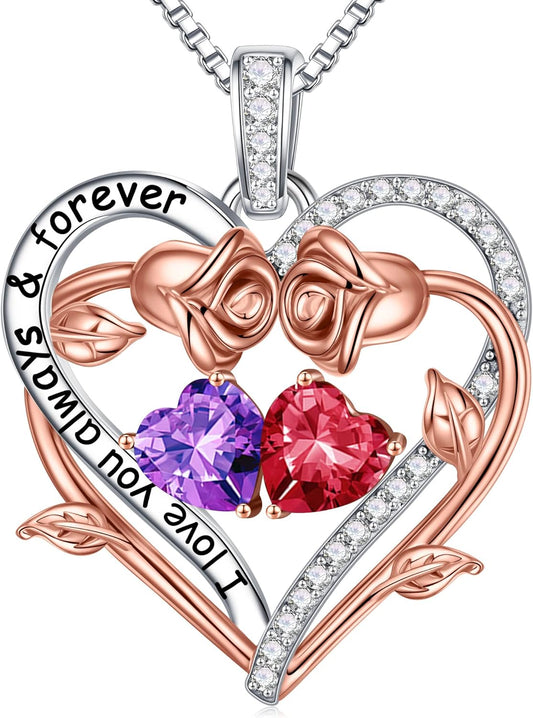 Iefil Rose Heart Double Birthstone Necklace Gifts for Wife Her Mom Women, Birthstone Jewelry Gemstone Birthday Gifts for Girlfriend Grandma Her Wife Women