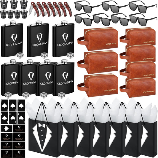 70Pcs Groomsmen Gifts Groomsmen Proposal Box with Flasks Sunglasses PU Leather Toiletry Bag Bottle Opener for Wedding Groomsman Best Man Gift (Brown)