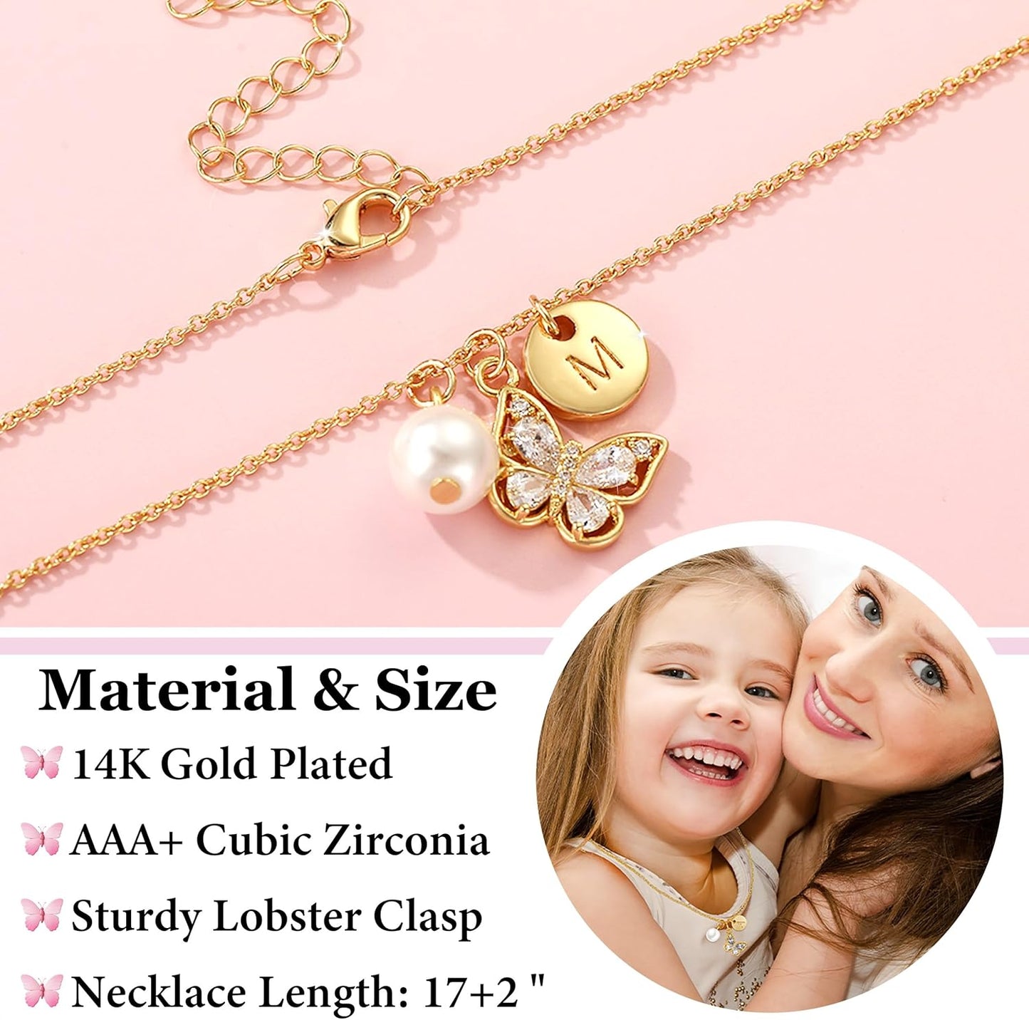 Butterfly Pearl Initial Necklace for Girls,14K Gold Plated Letter Butterfly Pendant Dainty Jewelry Birthday Christmas Gifts for Girls Daughter Best Friend