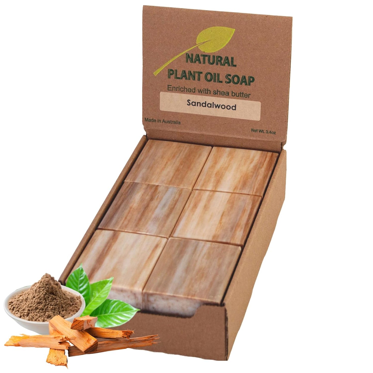 SSA Sandalwood Soap Bars (12 Pack, 3.5oz Each), Australian Moisturizing Natural Triple Milled Bar Soap Enriched with Organic Shea Butter, Long Lasting Plant Based Body Bath Bars for Men & Women