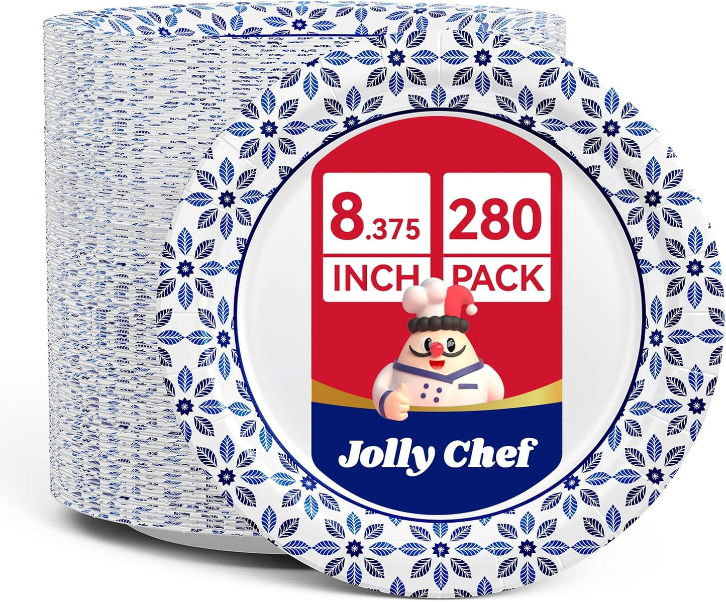JOLLY CHEF 8.37 inch Paper Plates 280 Count Soak Proof, Cut Proof, Heavy Duty Printed Disposable Plate for Thanksgiving or Everyday Use