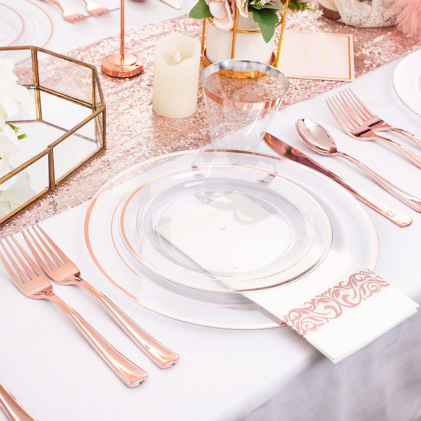 DaYammi 350Pcs Rose Gold Dinnerware Set Include: 50 Dinner Plates 10.25’’,50 Dessert Plates 7.5’’,50 Rose Gold Cutlery,50 Disposable Cups 9 OZ with 50 Napkins for Party