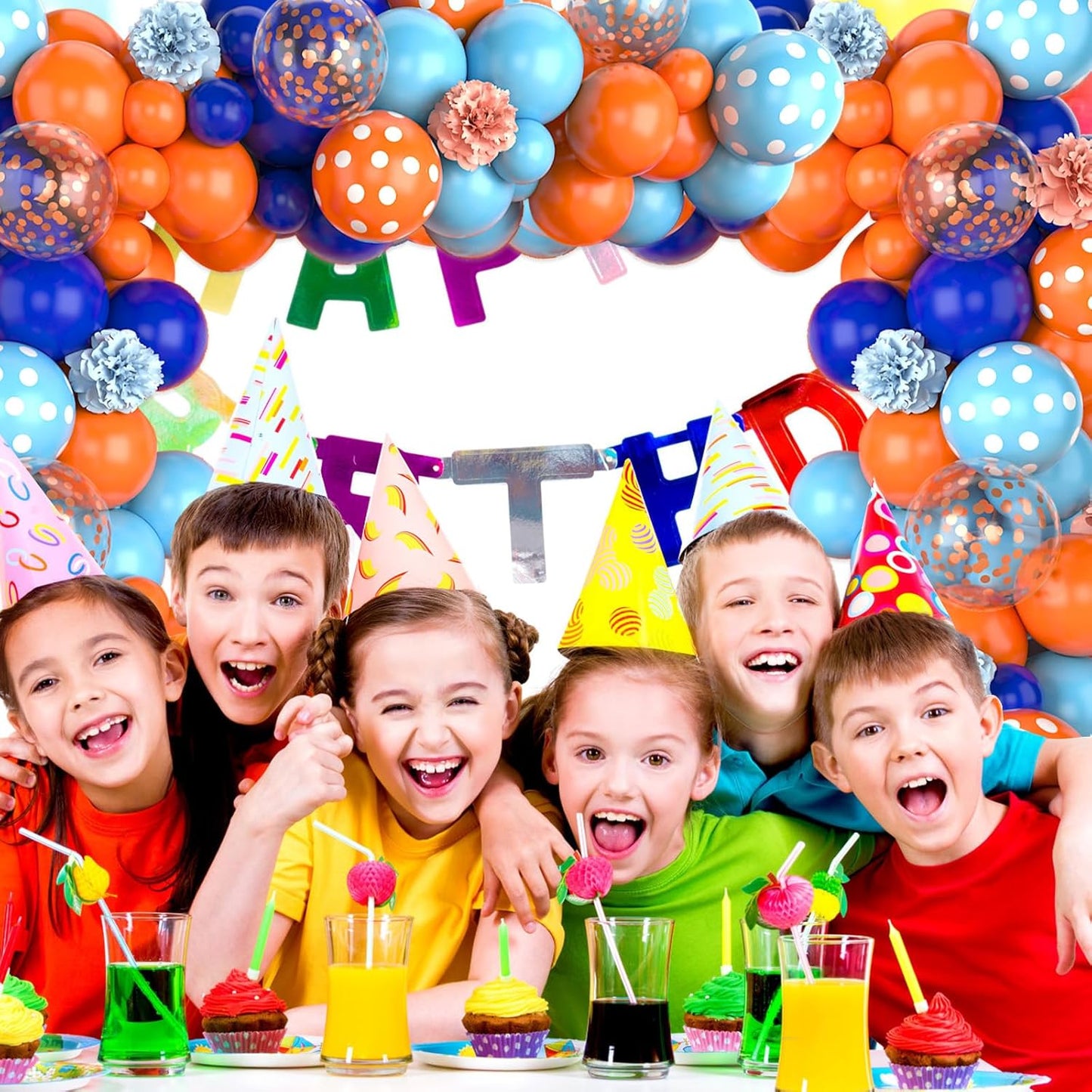 Paready Blue and Orange Balloon Arch Kit, 113Pcs Royal Blue Balloon Garland Light Blue and Orange Polka Dot Party Balloons Confetti Balloons for Birthday Party Baby Shower Wedding