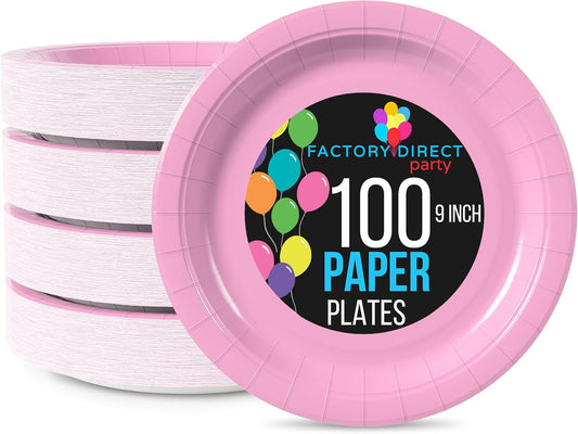Exquisite Party Solids Pink Paper Plates Disposable Heavy Duty 9 Inch Pink Disposable Plates For Party 100 Pcs Heavy Duty 350 GSM, Birthday Supplies