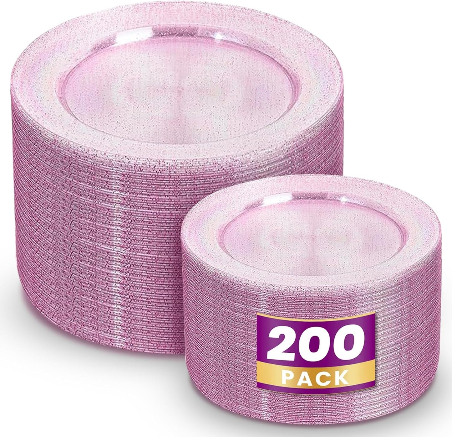 WDF 200PCS Pink Plastic Plates - Rose Gold Glitter Plastic Plates - Heavy Duty Pink Glitter Disposable Plates - Include 100 Dinner Plates 10" and 100 Dessert Plates 7" for Parties/Wedding