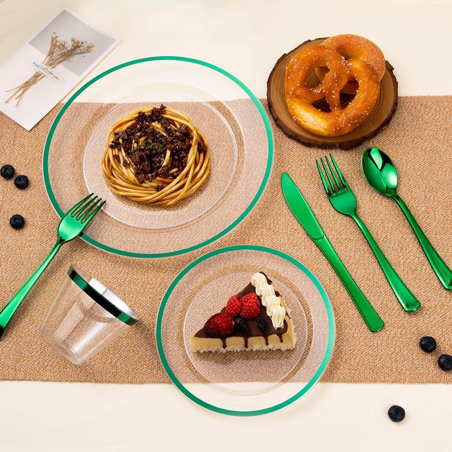 200PCS Green and Clear Plastic Plates, Green Disposable Plate Set with 100 Dinner Plates and 100 Dessert Plate for Party, St. Patrick's Day