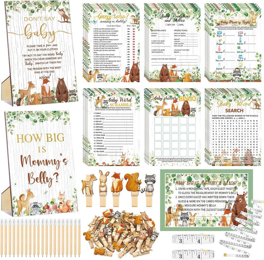 426 Pcs Woodland Baby Shower Games Set-8 Games, Includes Baby Shower Bingo, Price is Right, Guess Who, Word Scramble, Prediction and Advice, How Big is Mommy's Belly, Don't Say The Words