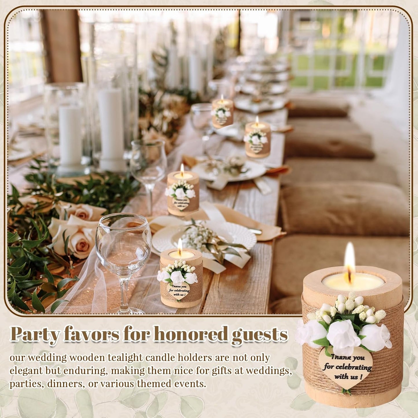 12 pcs Handmade White Rose Wood Tealight Candle Holder,Bridal Shower Tealight Holder Thank You Gifts, Wedding Favors for Guests, Wooden Cylinder Candle Holders for Table Centerpiece