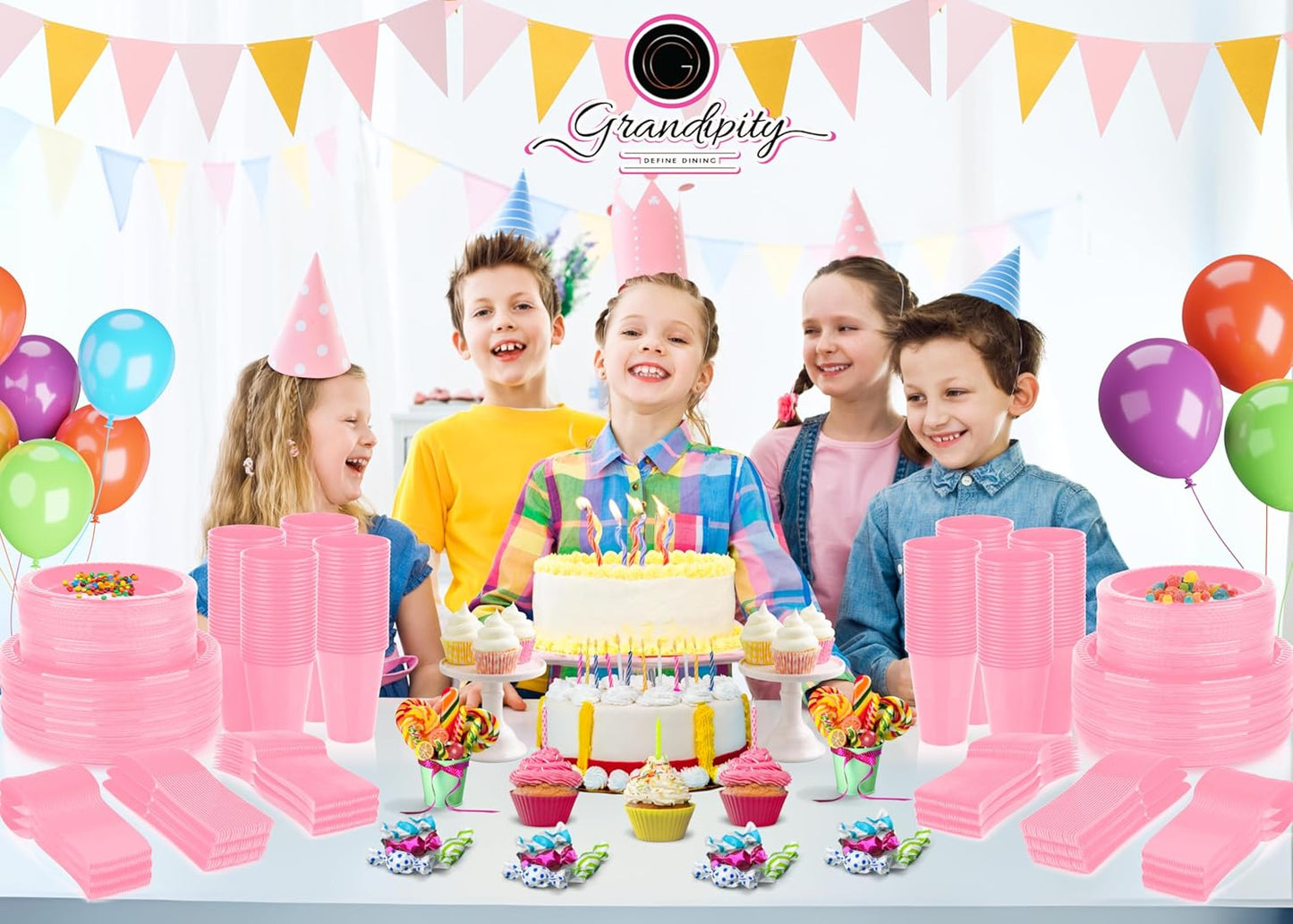 Grandipity 720 Piece Pink Disposable Dinnerware Set, Plastic Dinnerware Set Includes 120 Count 9' Dinner Plates, 7' Dessert Plates, 12oz Cups, Forks, Knives & Spoons