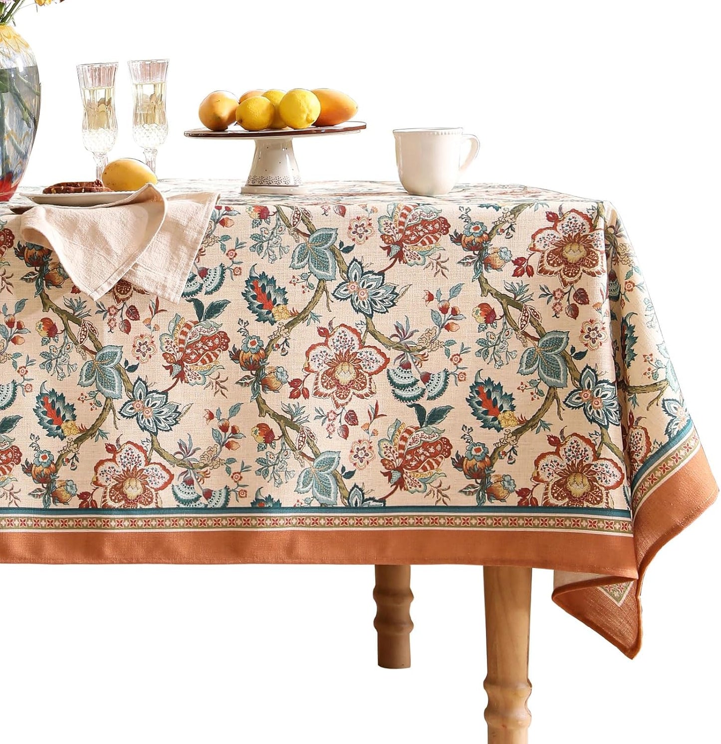 Linen Colorful Floral Small Rectangle Tablecloth,Vintage Indian Colorfast Block Print Table Cloth,Decor Table Cover for Kitchen,Dining,Party,Thanksgiving,Christmas,55"*71"-Mangala