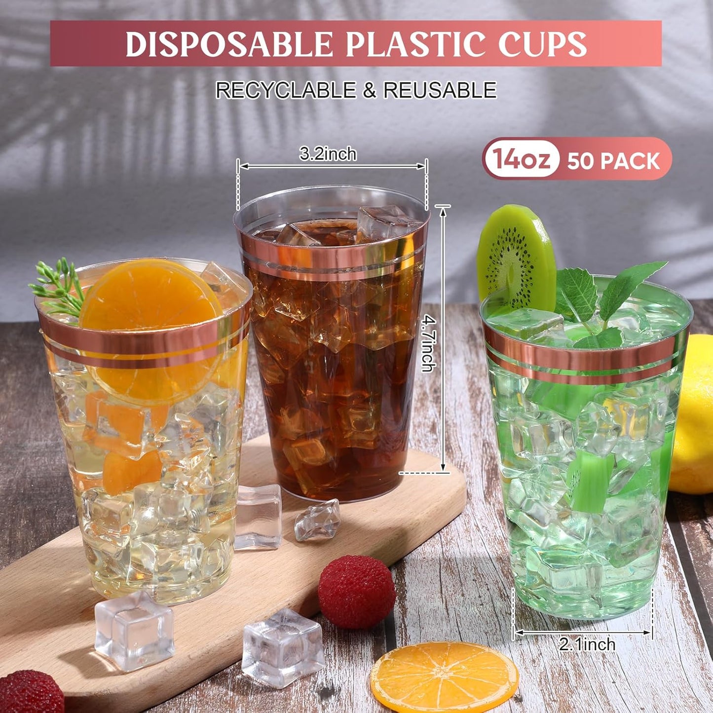 Sliner 50 Pcs Hard Plastic Cups Double Rimmed Plastic Cups Heavy Duty Fancy Disposable Wine Glasses for Holiday Wedding Graduation Birthdays Christmas Valentine Parties(14 Oz,Rose Gold)