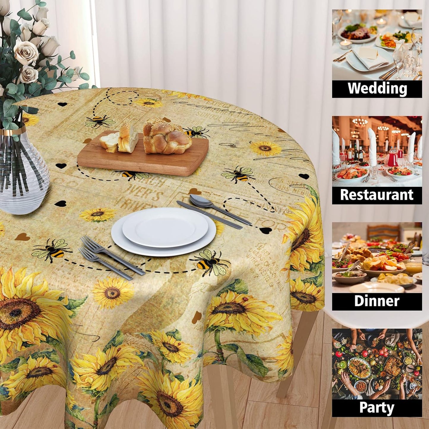 Giwawa Sunflower Bee Round Tablecloth 60inch Yellow Flower Vintage Floral Style Circle Table Cover Wrinkle Free Shabby Chic Cabin Circular Table Cloth Washable for Kitchen Dining Farmhouse Decor