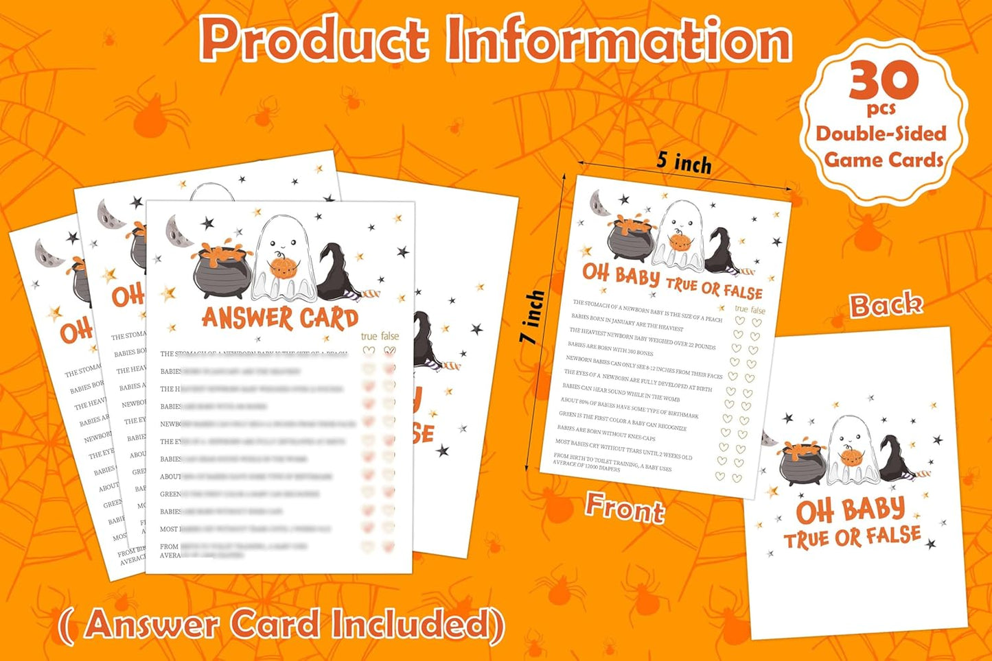 True Or False Halloween Baby Shower Game, 30 Halloween Gender Reveal Games for Guests (Included Answer Card) 5x7 inch, Perfect for Neutral Gender Reveal Decorations Party Favors Supplies