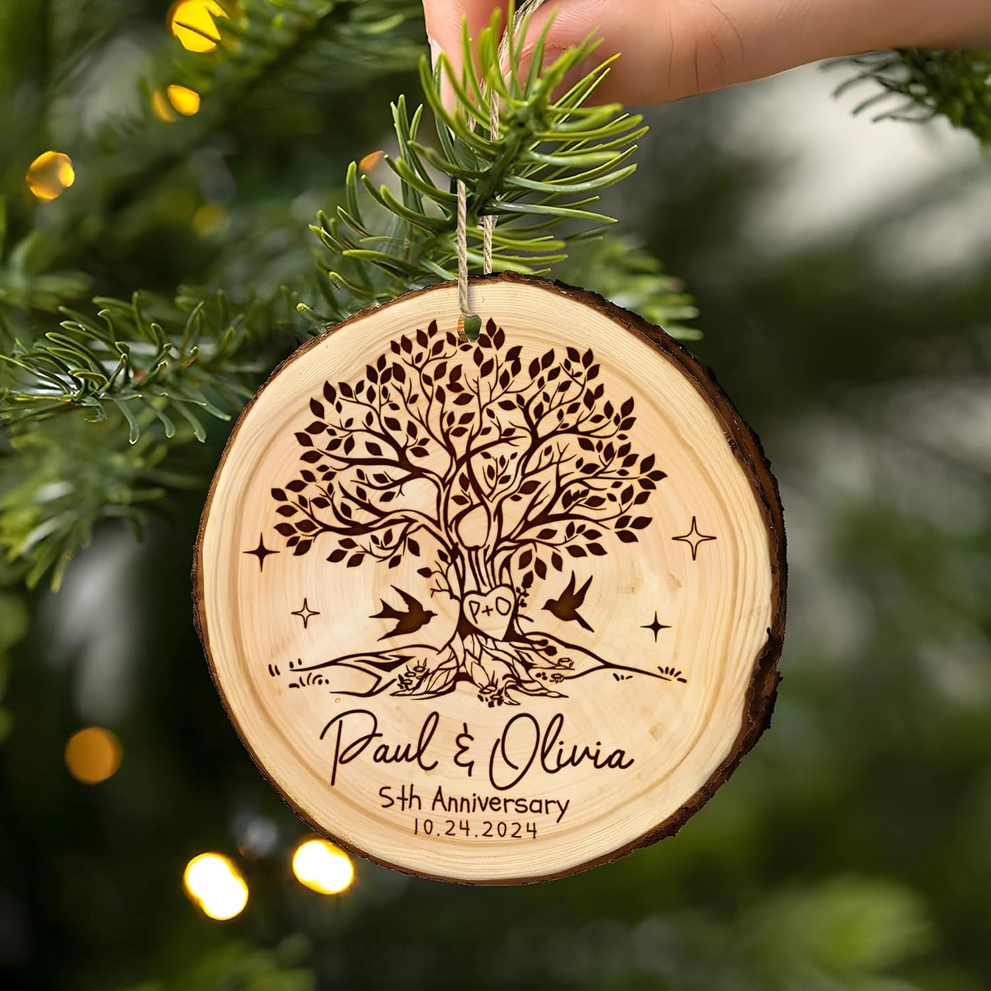 Personalized 5th Anniversary Wooden Ornament - 5 Year Anniversary Wedding Gifts for Couples, 5th Wedding Keepsake for Christmas Decoration