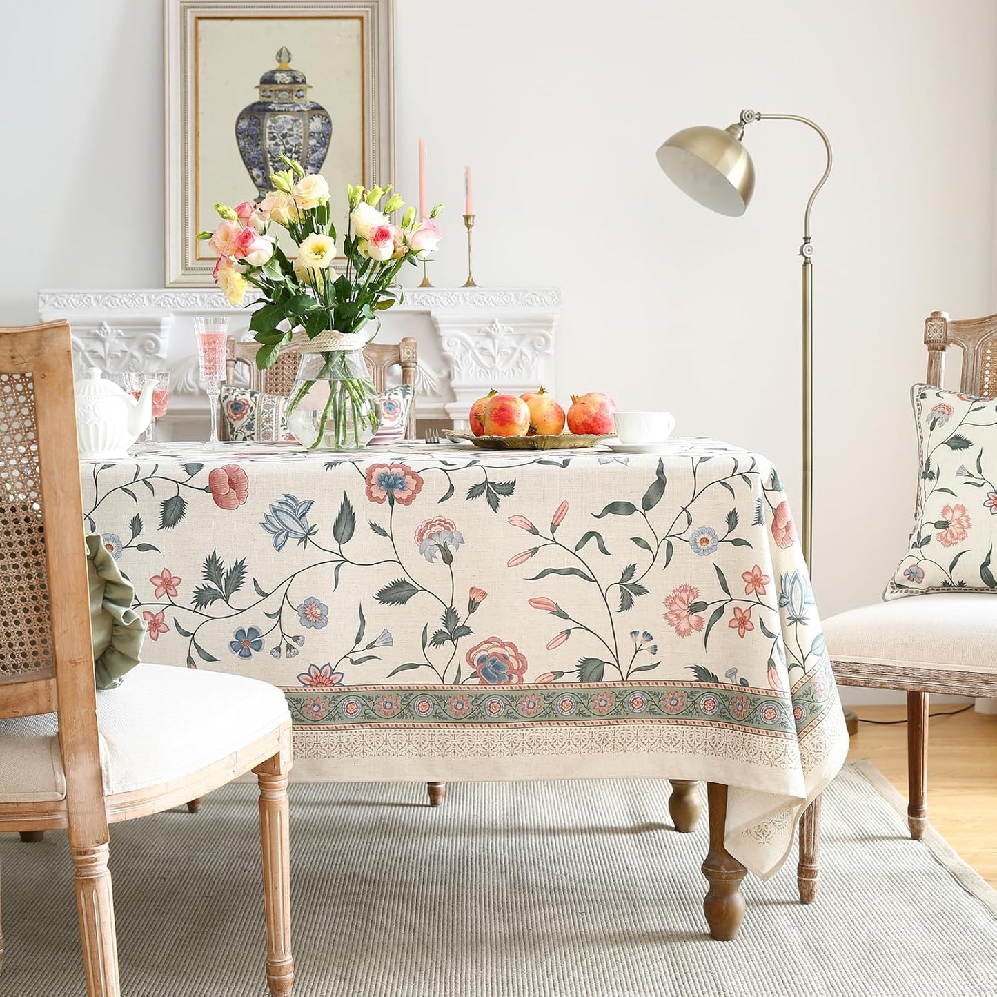 ISAENNE Designer Chinoiserie Linen Floral Long Tablecloth Rectangle,White Wrinkle Resistant Table Cloth,Elegant Decor Tablecloths for Dining Thanksgiving Kitchen Party Christmas,63"*94"-Daffy