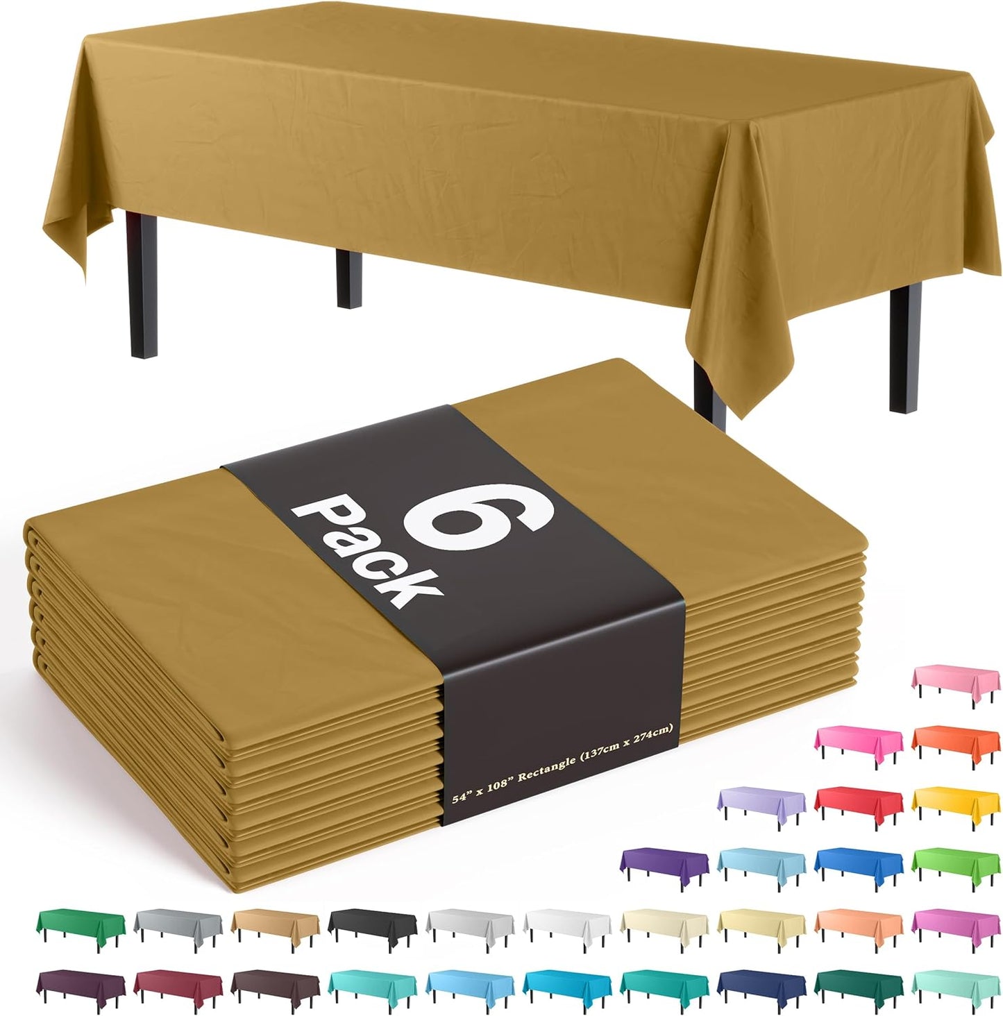 Exquisite 66% Thicker Premium Plastic Table Cloth Rectangle Table Cover 0.5 Mil 6 Pack Gold Table Cloth 54 Inch x 108 Inch Disposable Tablecloth Won't Tear Easily Like Cheap Thin Brands