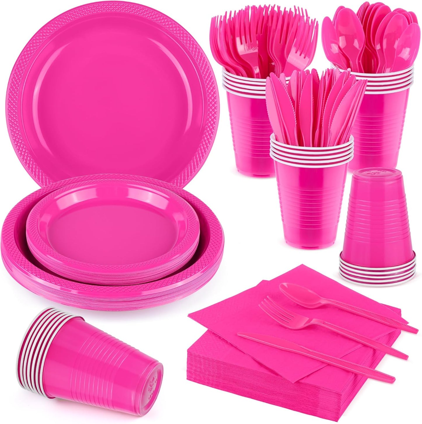 Aodaer 200 Pieces Hot Pink Party Supplies Disposable Dinnerware Set Include Plastic Plates Cups Knives Forks Spoons Paper Napkins for Birthday Wedding Graduation Parties, Serve 25 Guests